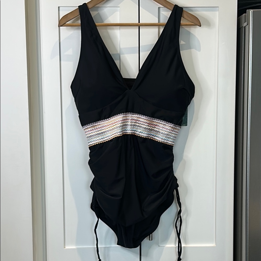 Black One Piece Tummy Control Swimsuit with Striped Waist - Picture 2 of 16